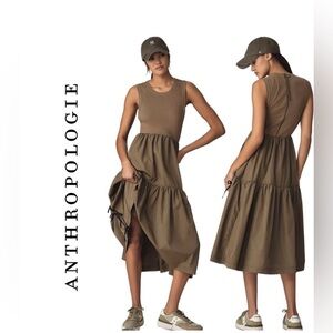 ANTHROPOLOGIE Bowline Tiered Midi Dress, Daily Practice in Olive & Black-Small